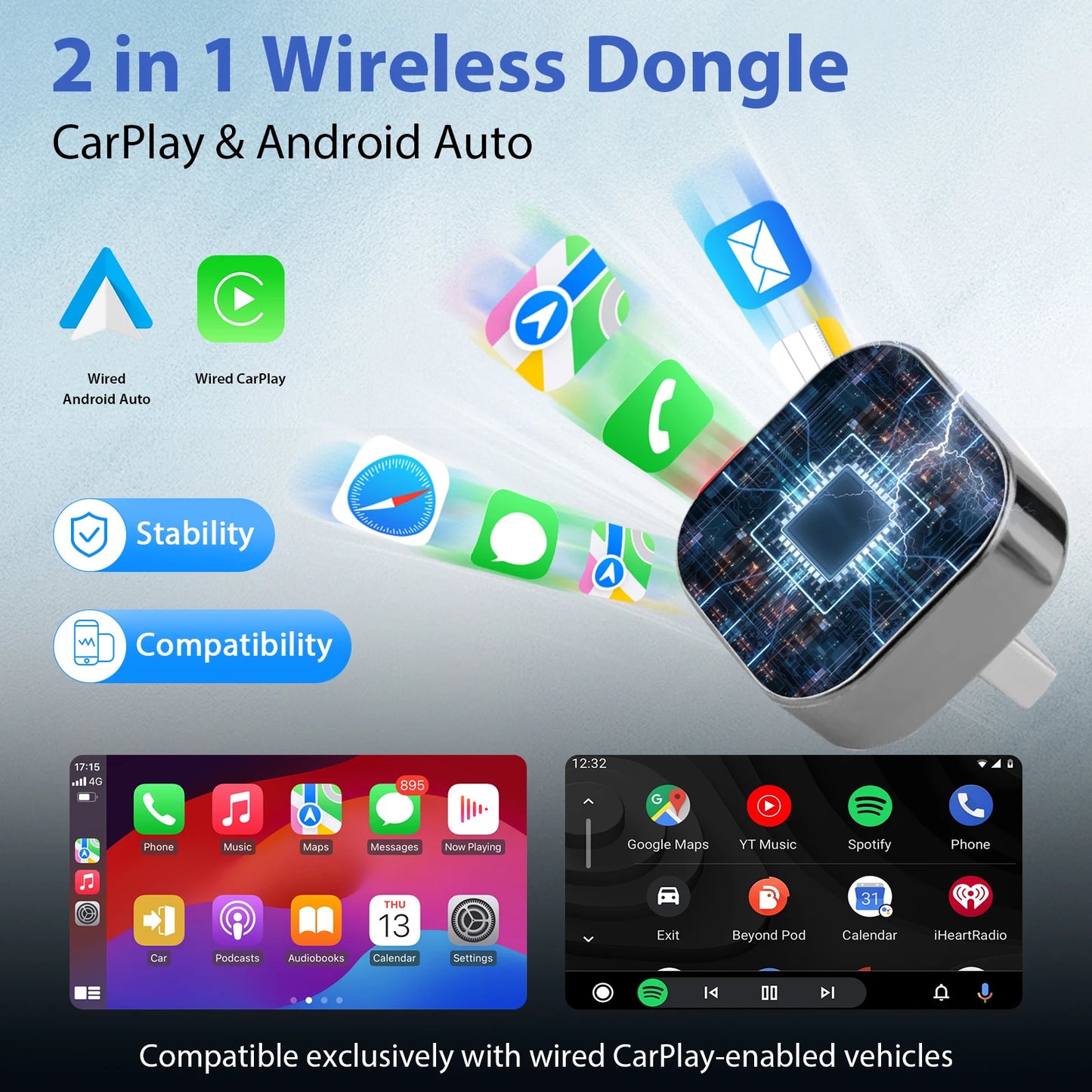 New 2 in 1 Wireless Carplay Adapter&Android Auto Wireless Adapter, 5Ghz Wifi Type-C/Usb Plug Play Carplay Wireless