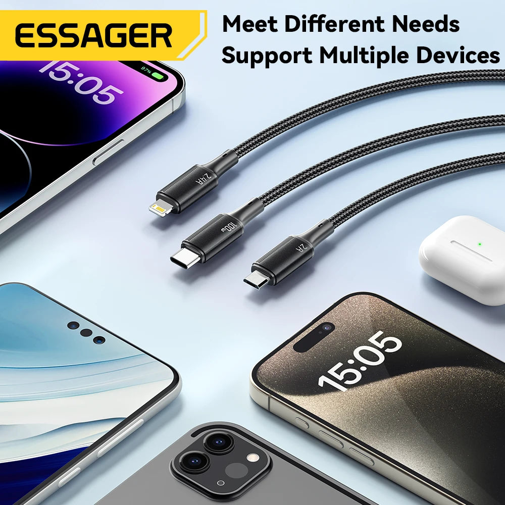 100W 7A USB Type C Fast Charger Cable 3 in 1 Fast Charging Cable for Iphone 15 14 13 12 Promax Samsung Xiaomi Macbook