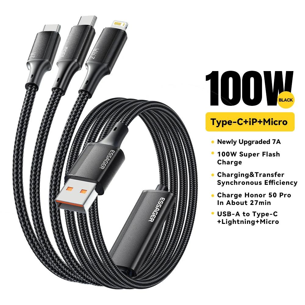 100W 7A USB Type C Fast Charger Cable 3 in 1 Fast Charging Cable for Iphone 15 14 13 12 Promax Samsung Xiaomi Macbook