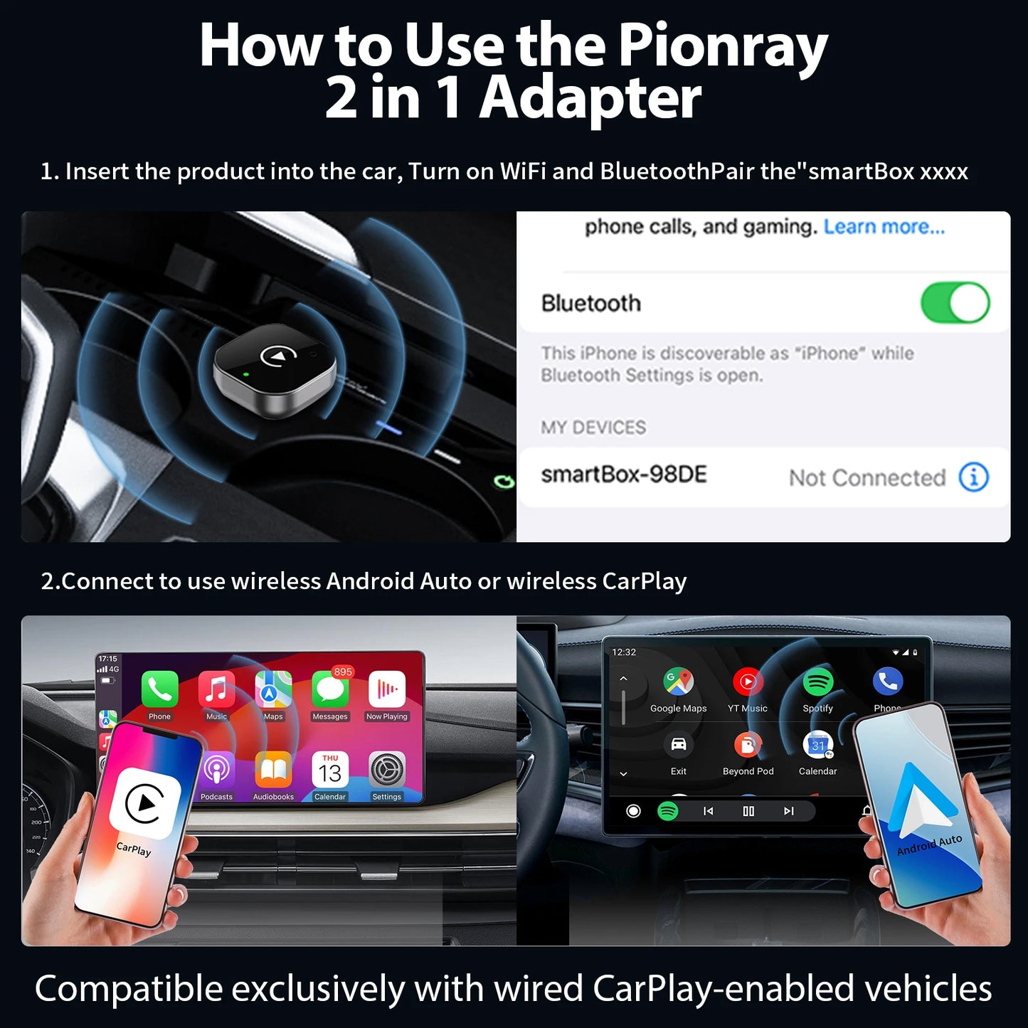 New 2 in 1 Wireless Carplay Adapter&Android Auto Wireless Adapter, 5Ghz Wifi Type-C/Usb Plug Play Carplay Wireless
