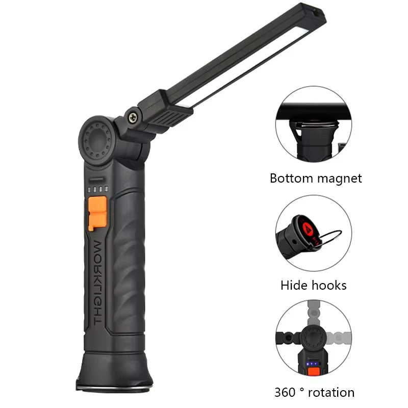 Portable COB LED Flashlight USB Rechargeable Work Light Magnetic Lanterna Hanging Lamp with Built-In Battery Camping Torch