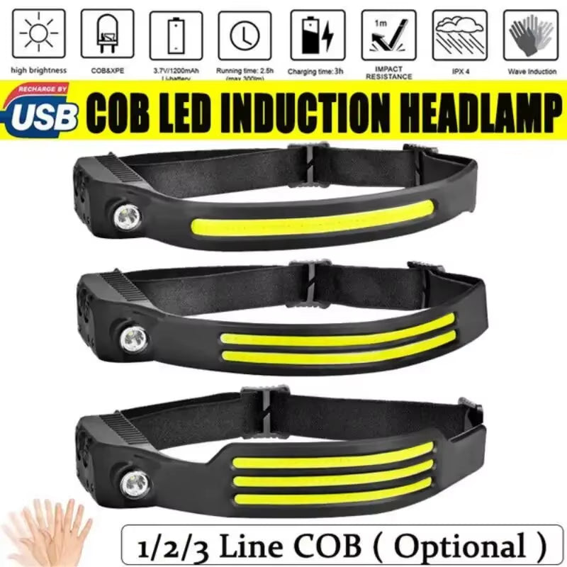 1/2/3-Wire LED Headlights with 5 Lighting Modes, Super Bright Sensing COB Headlights, Flashlight, USB Charging