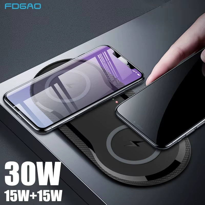 2 in 1 30W Wireless Chargers for Iphone 16 15 14 13 12 11 XS XR Airpods 3 Pro Samsung S24 S23 S22 Dual 15W Fast Charging Pad