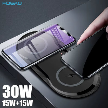 2 in 1 30W Wireless Chargers for Iphone 16 15 14 13 12 11 XS XR Airpods 3 Pro Samsung S24 S23 S22 Dual 15W Fast Charging Pad