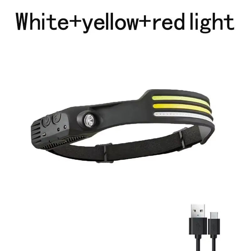 1/2/3-Wire LED Headlights with 5 Lighting Modes, Super Bright Sensing COB Headlights, Flashlight, USB Charging