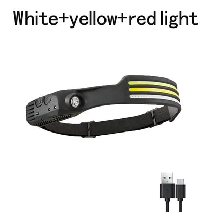 1/2/3-Wire LED Headlights with 5 Lighting Modes, Super Bright Sensing COB Headlights, Flashlight, USB Charging