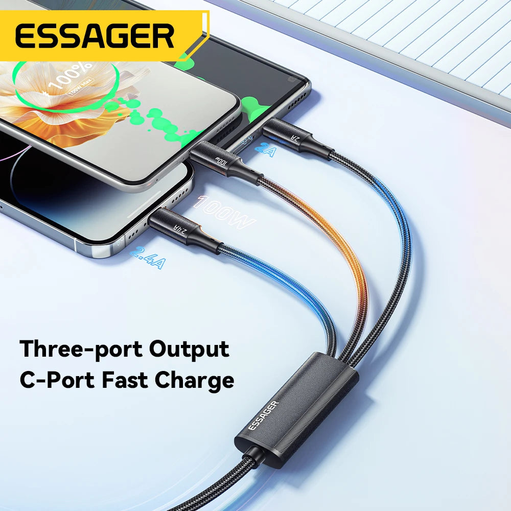 100W 7A USB Type C Fast Charger Cable 3 in 1 Fast Charging Cable for Iphone 15 14 13 12 Promax Samsung Xiaomi Macbook