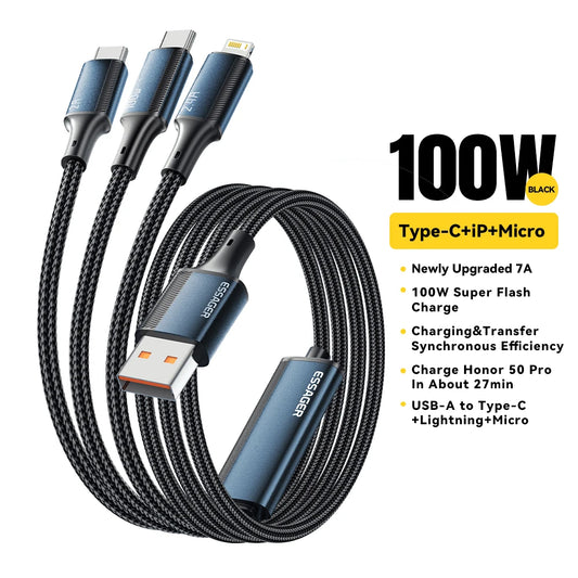 100W 7A USB Type C Fast Charger Cable 3 in 1 Fast Charging Cable for Iphone 15 14 13 12 Promax Samsung Xiaomi Macbook