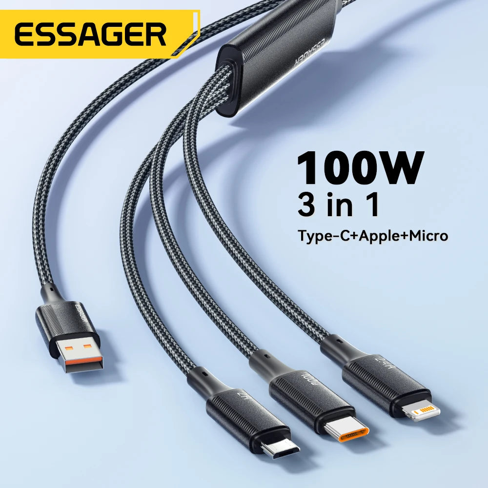 100W 7A USB Type C Fast Charger Cable 3 in 1 Fast Charging Cable for Iphone 15 14 13 12 Promax Samsung Xiaomi Macbook