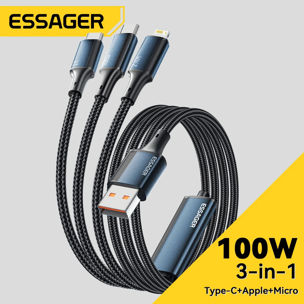 100W 7A USB Type C Fast Charger Cable 3 in 1 Fast Charging Cable for Iphone 15 14 13 12 Promax Samsung Xiaomi Macbook