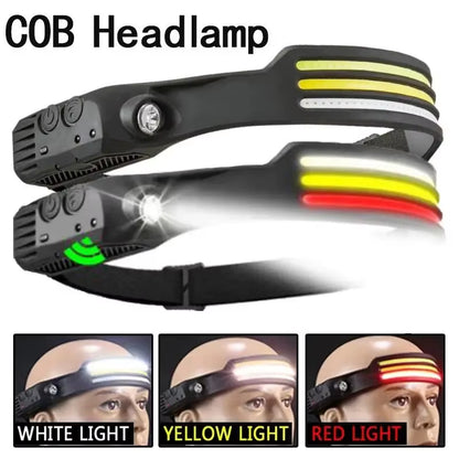 1/2/3-Wire LED Headlights with 5 Lighting Modes, Super Bright Sensing COB Headlights, Flashlight, USB Charging