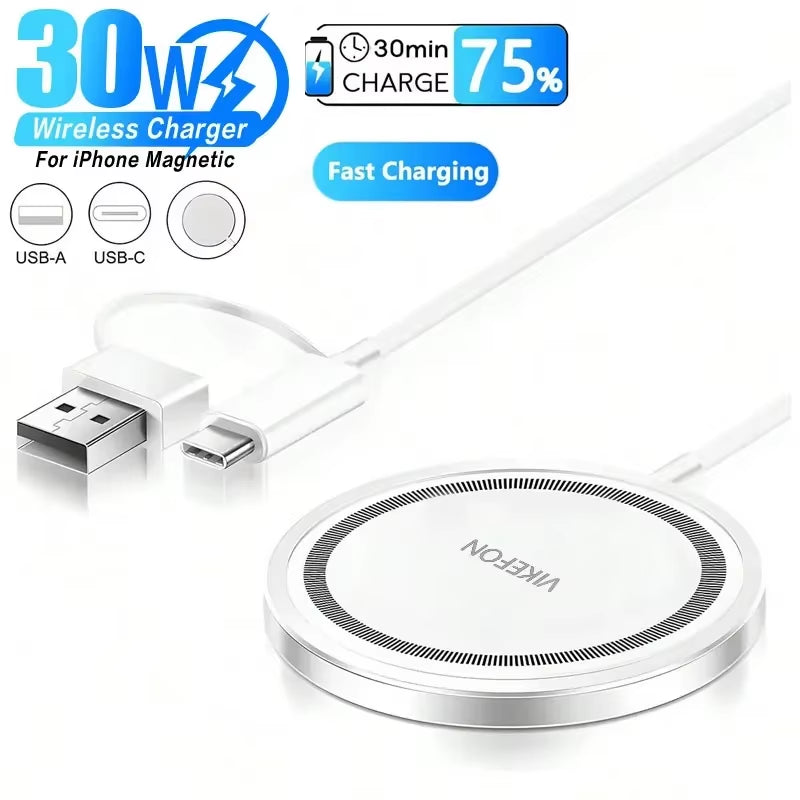 VIKEFON 30W Magnetic Wireless Charger PD Type C USB Fast Charging Station Pad for Iphone 16 15 14 13 12 Pro Max Airpods Earphone