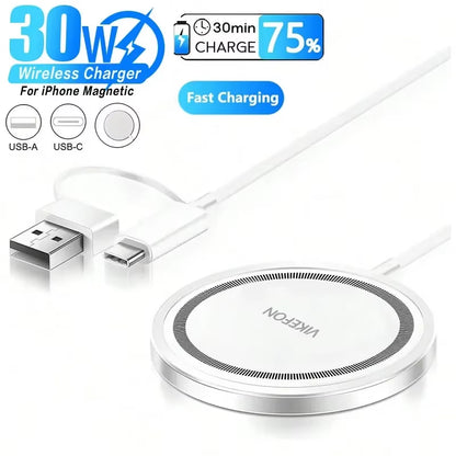 VIKEFON 30W Magnetic Wireless Charger PD Type C USB Fast Charging Station Pad for Iphone 16 15 14 13 12 Pro Max Airpods Earphone