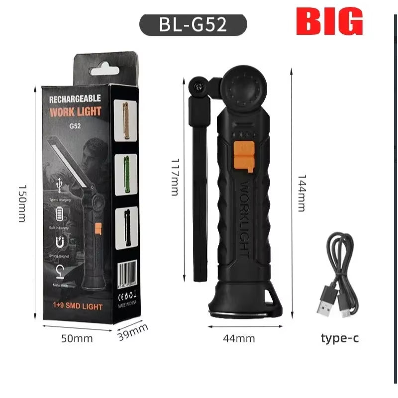 Portable COB LED Flashlight USB Rechargeable Work Light Magnetic Lanterna Hanging Lamp with Built-In Battery Camping Torch